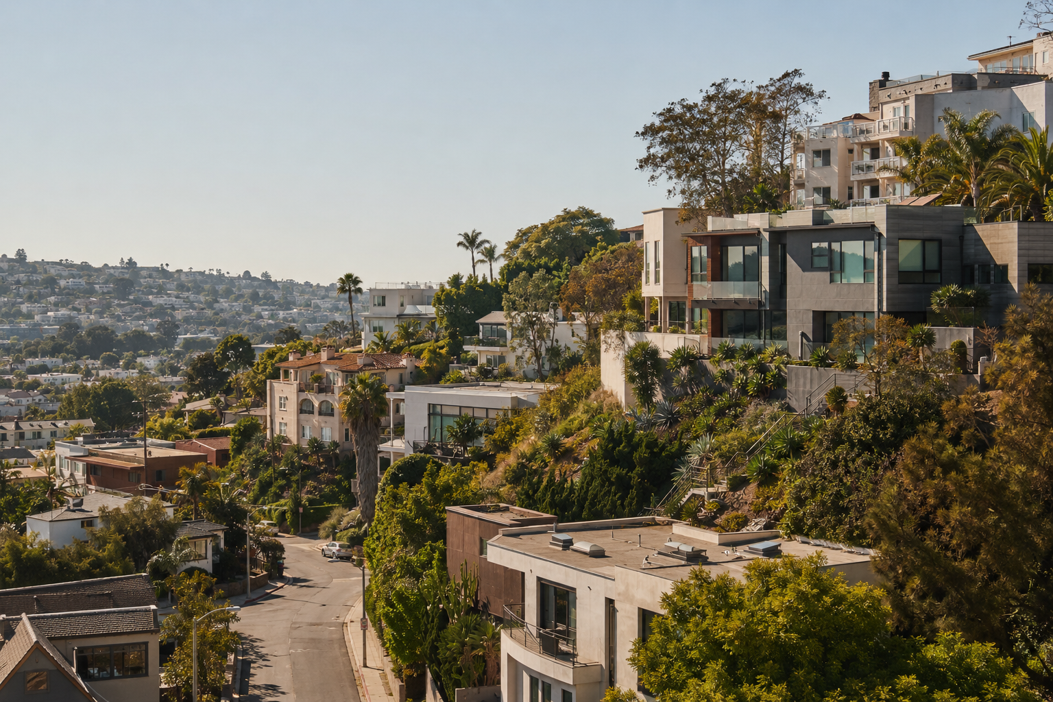 A coastal California hillside neighborhood of tile-roofed homes above the shoreline.