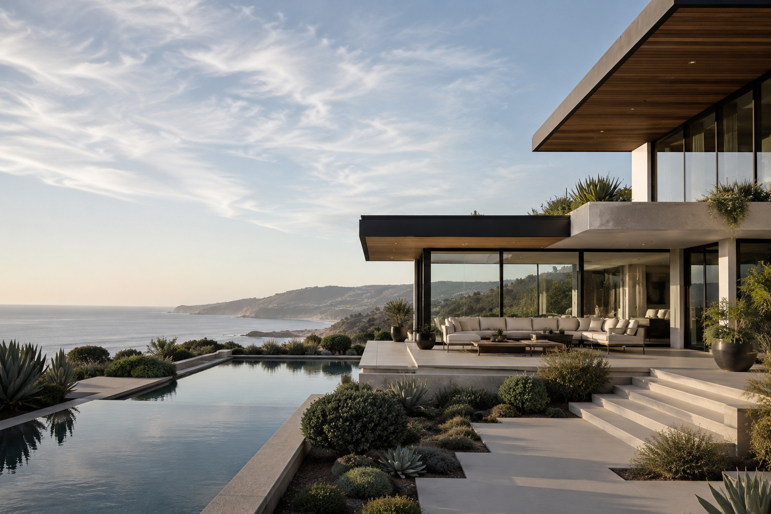 A single California coastal house above the ocean at first light.
