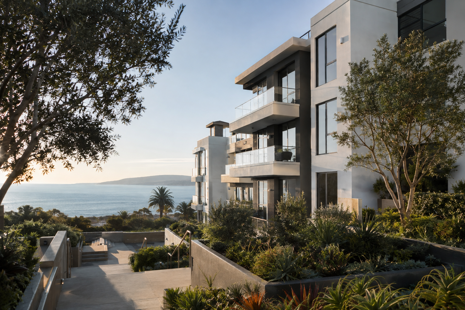 A modern California house above the coast, its terrace open to the ocean in clear afternoon light.