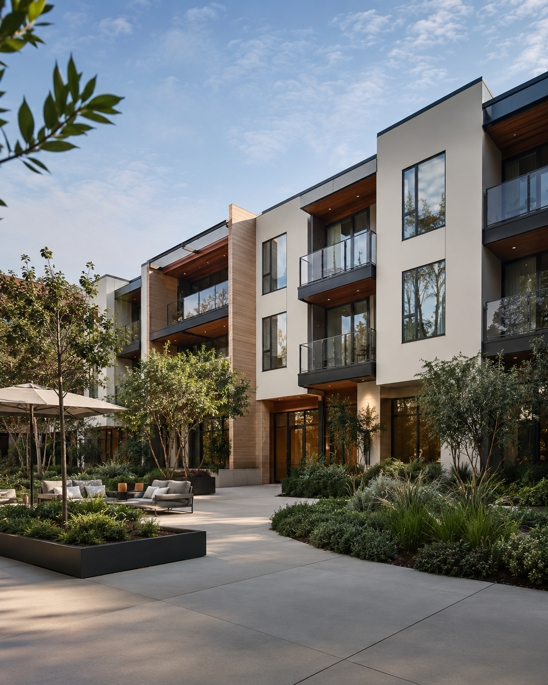 A California multifamily building around a planted courtyard.