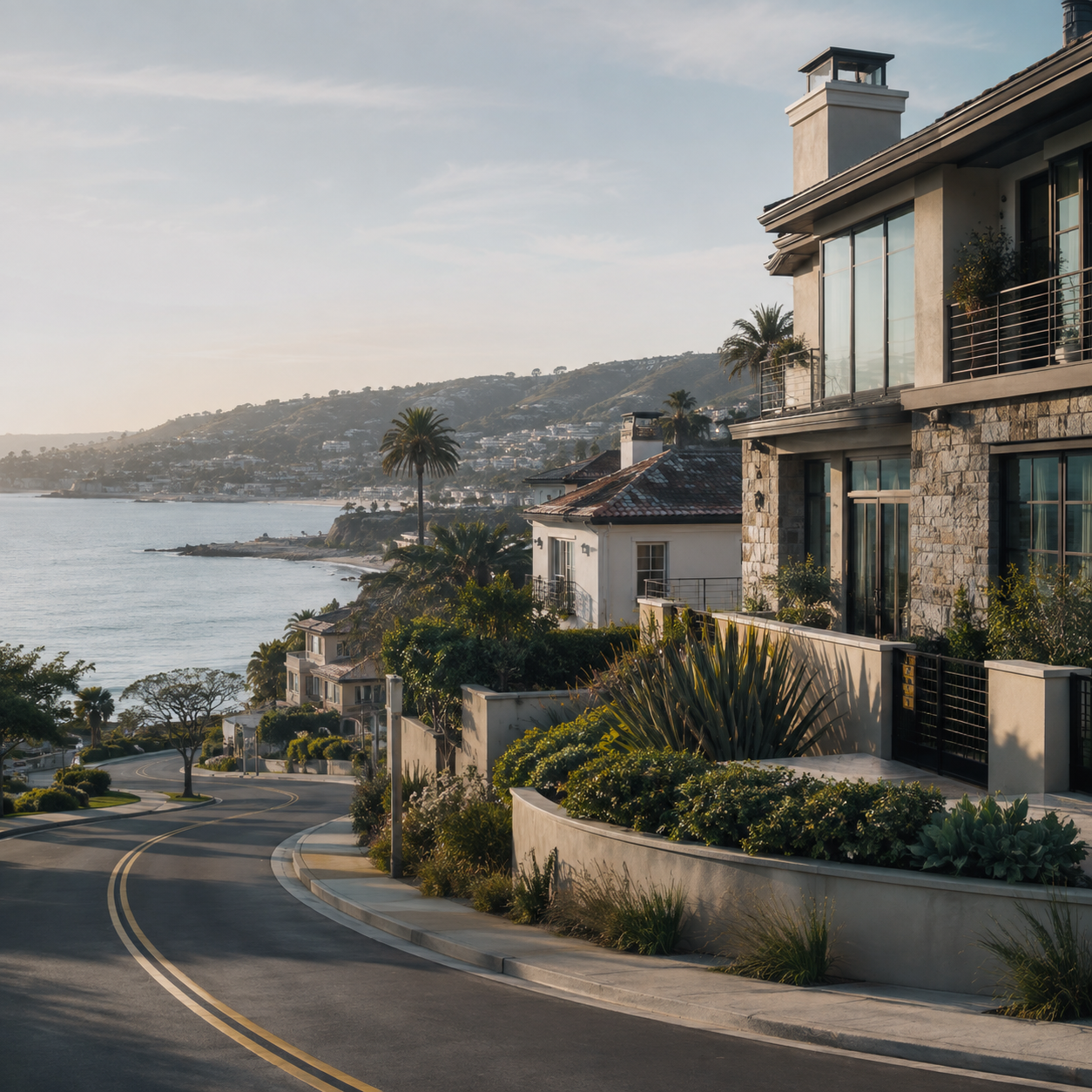 A single California house on an oceanfront street in morning light.