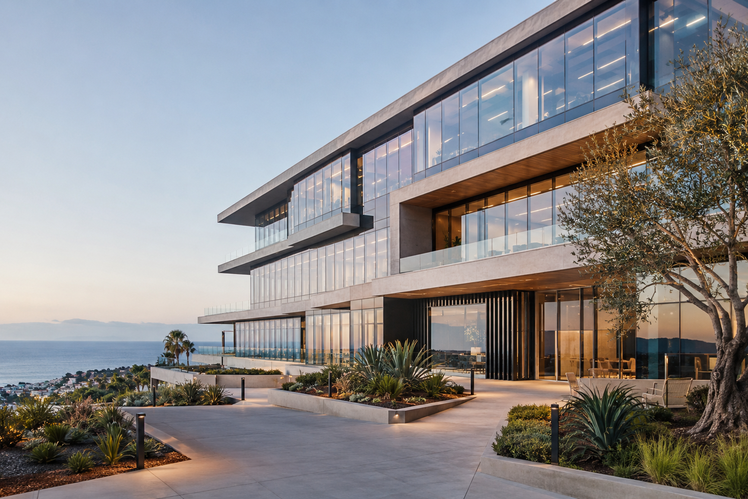 A California commercial building above the coast at dusk.