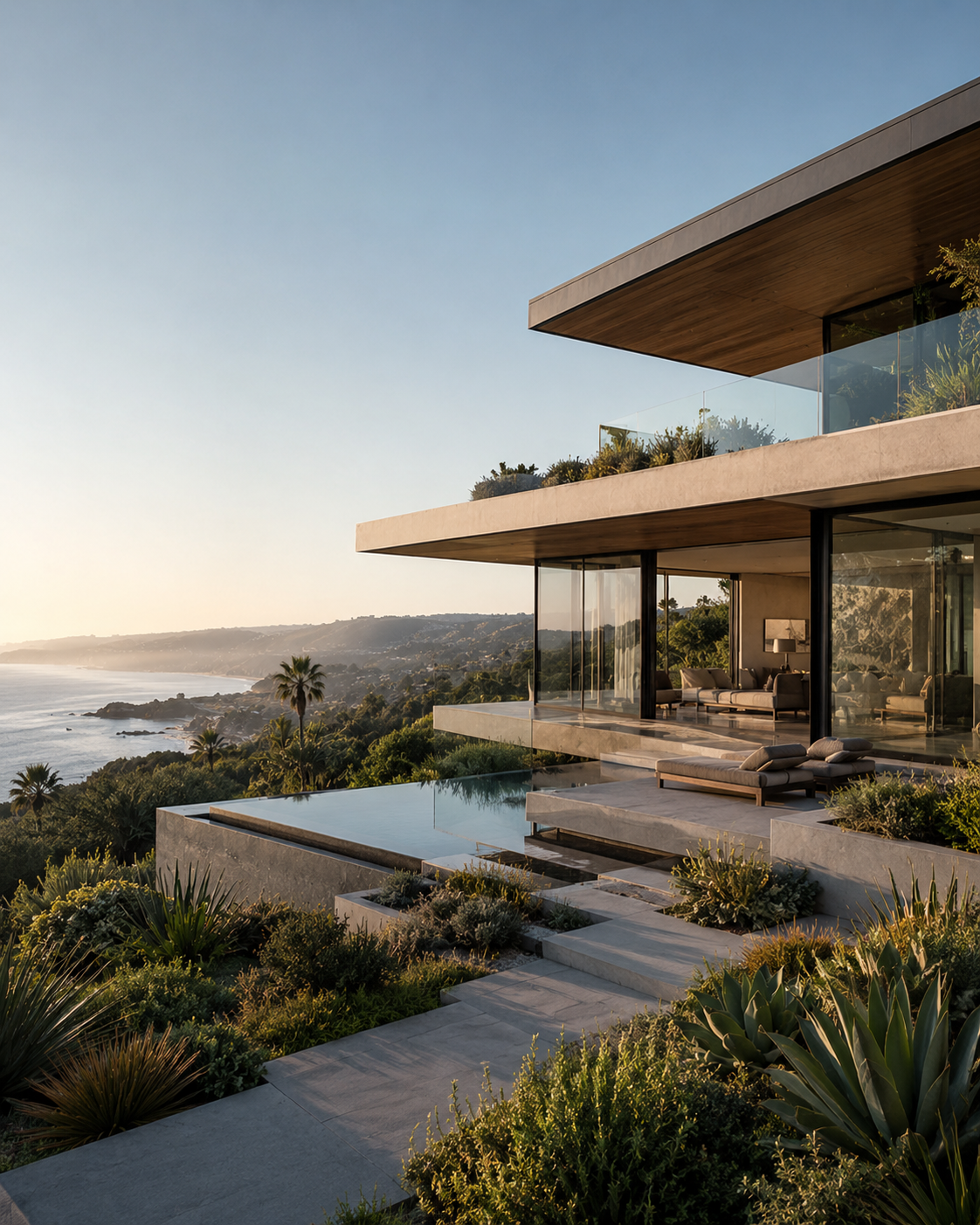 A terraced modern California residence stepping down a coastal hillside in evening light.
