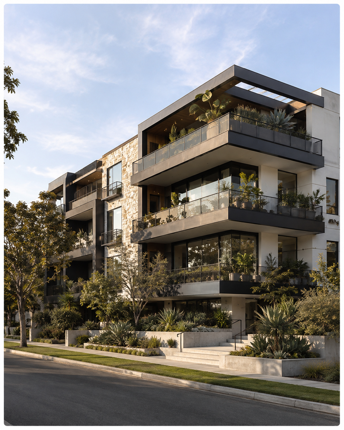 A modern California multifamily building behind landscaped terraces in late light.